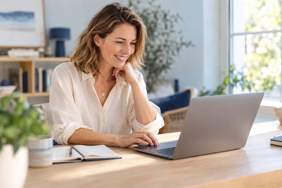 Selbstständige arbeitet am Laptop und bekommt einen klaren Plan für ihr Marketing.