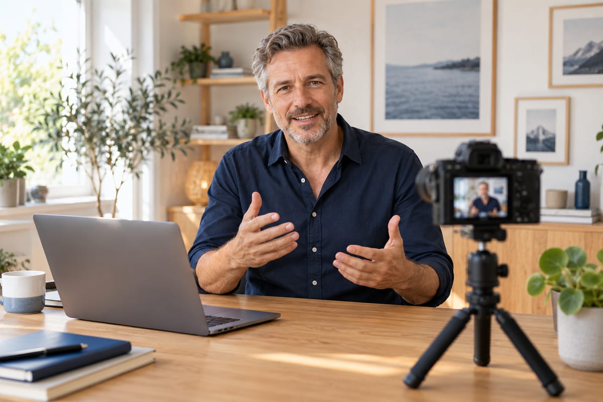 Trainer nimmt eine Videopräsentation an seinem Schreibtisch auf.
