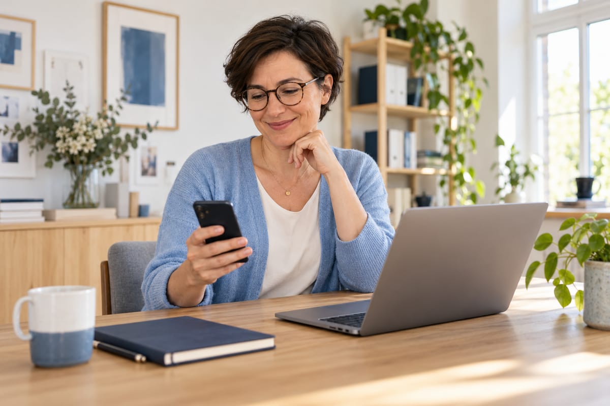 Unternehmerin liest eine Nachricht auf ihrem Smartphone.