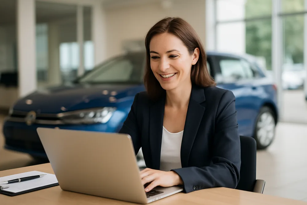 Autoverkäuferin arbeitet am Laptop im Autohaus