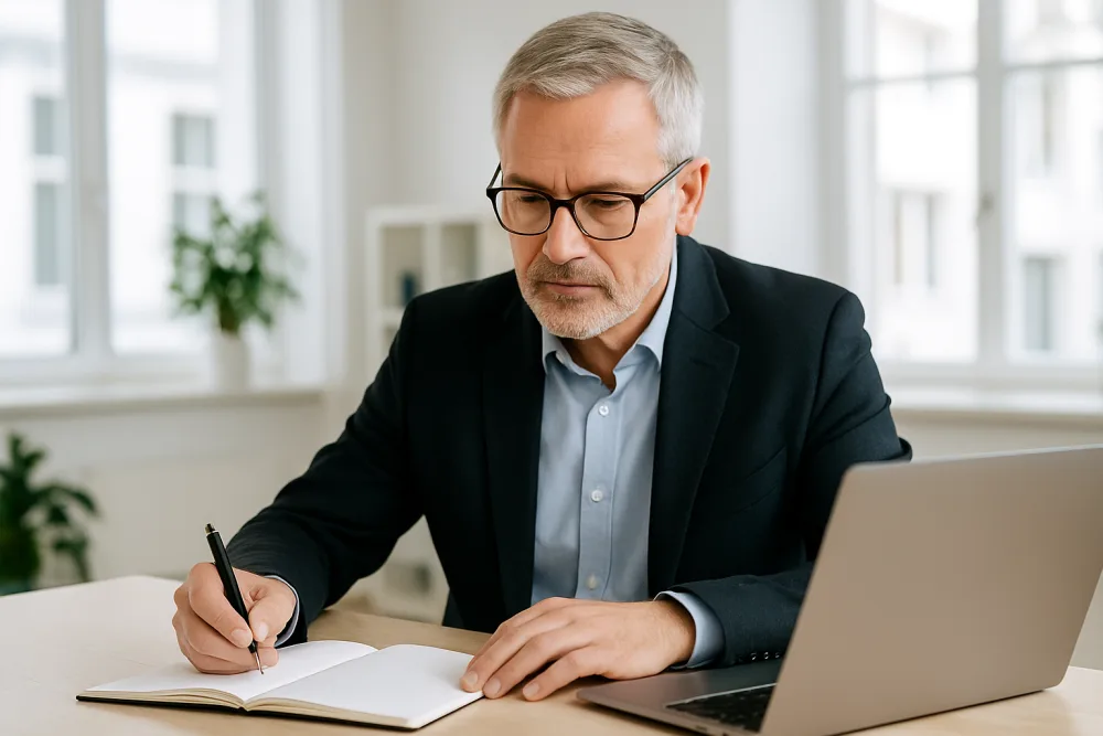 Berater arbeitet konzentriert am Laptop