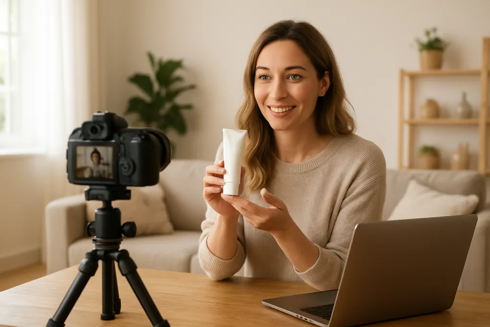 Frau nimmt ein Produktvideo für ihren Content auf