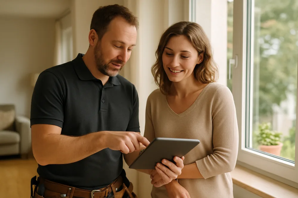 Handwerker zeigt einer Kundin ein Angebot auf dem Tablet