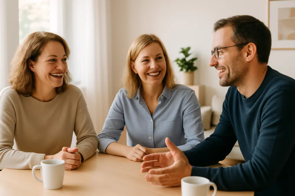 Drei Menschen im freundlichen Gespräch am Tisch