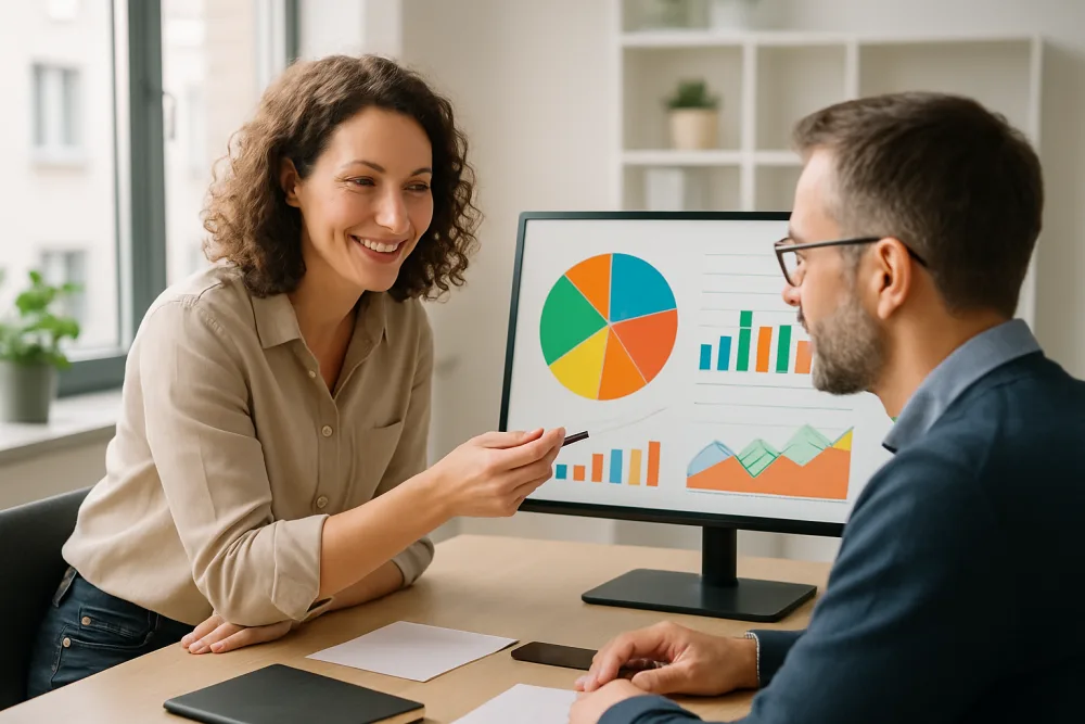 Marketerin zeigt ein Dashboard auf einem Monitor